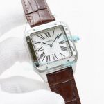 Replica Cartier Santos Automatic Watch White Dial Brown Leather Strap Stainless Steel Bezel